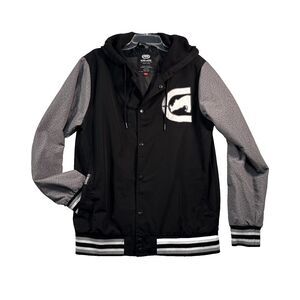 Ecko Unitd Jacket Men Size Medium Black Gray Hooded Full Zip Logo Graphic Pocket